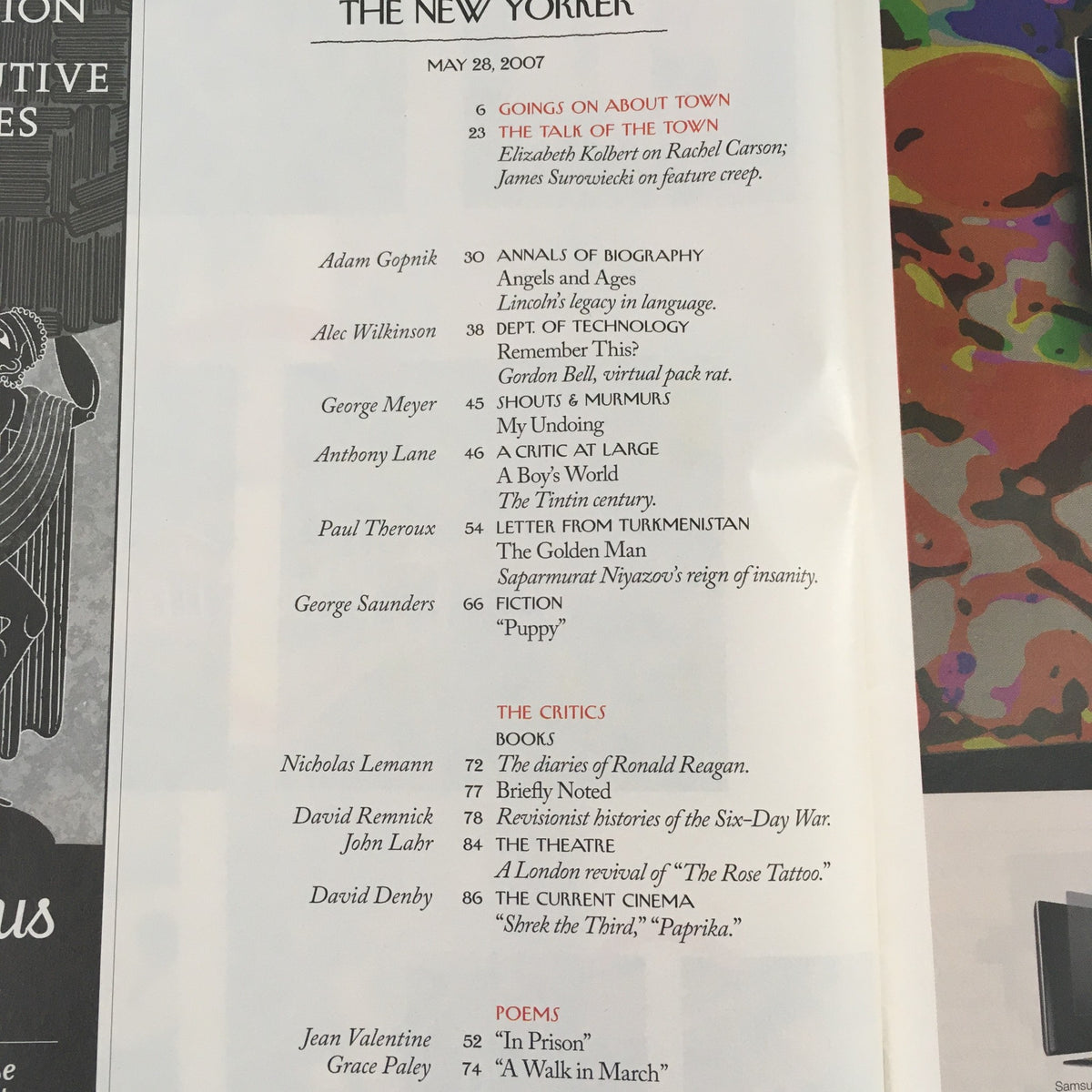 Table of contents from The New Yorker magazine, May 28, 2007, featuring various articles and features including 'Goes On About Town', 'A Critic at Large', and poetry by Grace Paley.