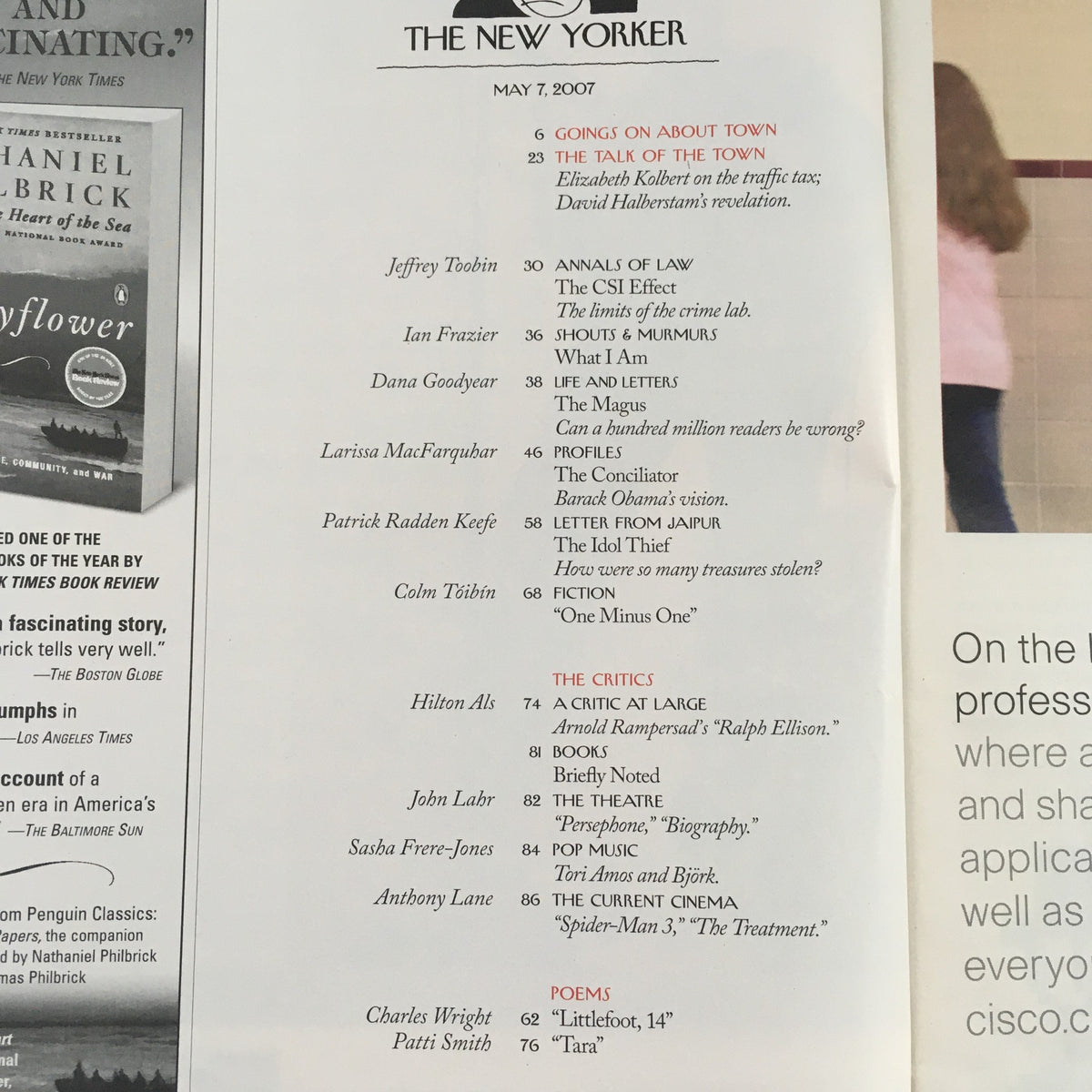 Table of contents from The New Yorker Full Magazine May 7 2007, listing engaging articles including 'Goes On About Town,' 'The Talk of the Town,' and contributions from various notable writers.
