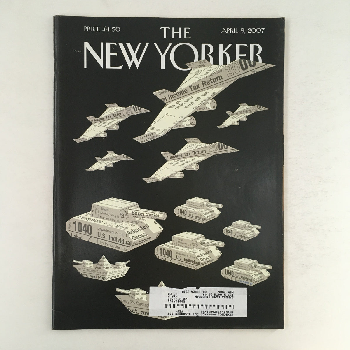 The New Yorker Magazine cover from April 9, 2007, featuring Christoph Niemann's artistic illustration of paper tanks and planes, highlighting themes of satire and commentary.
