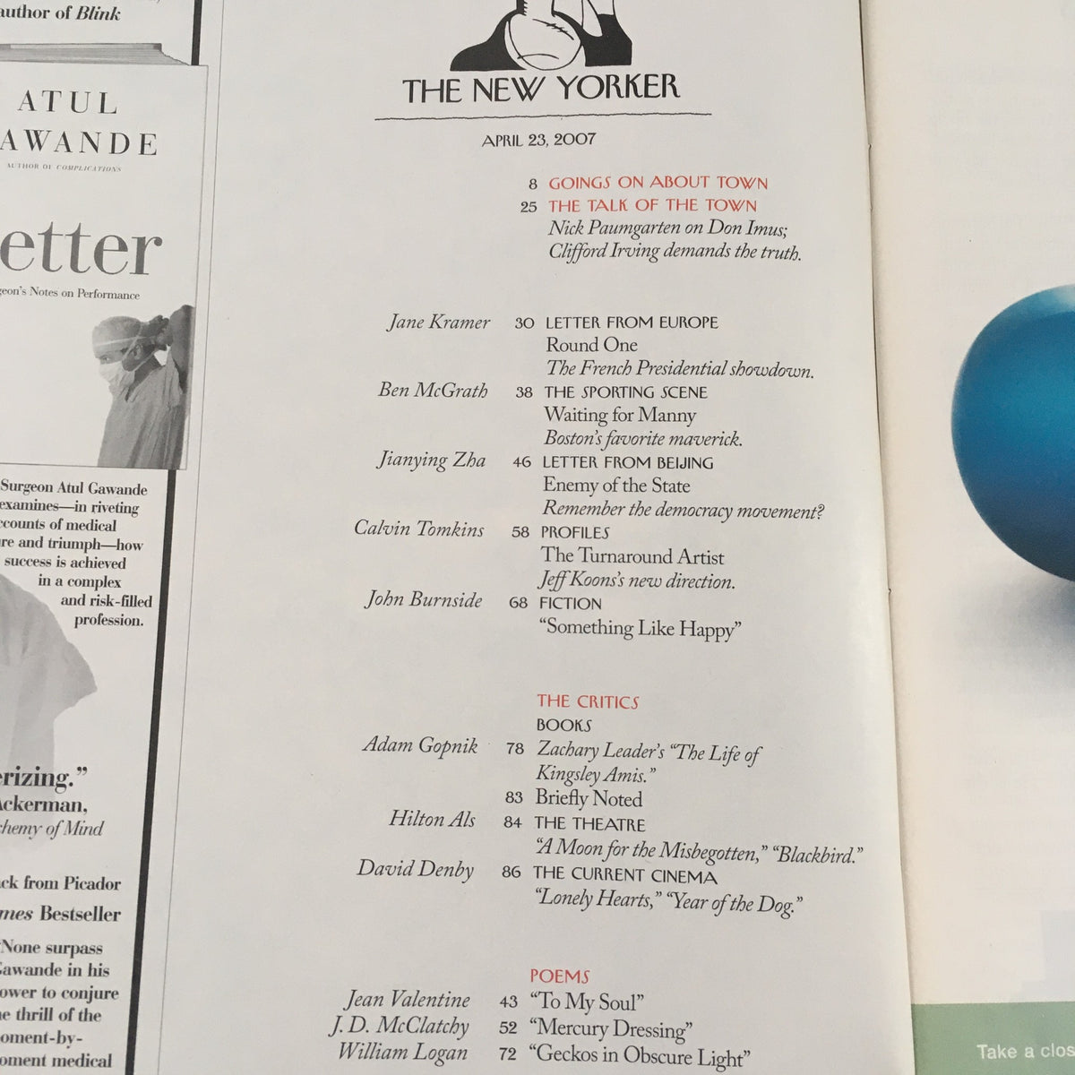 Table of contents from The New Yorker magazine, April 23, 2007, featuring articles like 'Going Out on Down Town' and 'The Sports Scene'. Includes notable contributors and sections, showcasing the literary depth of the issue.
