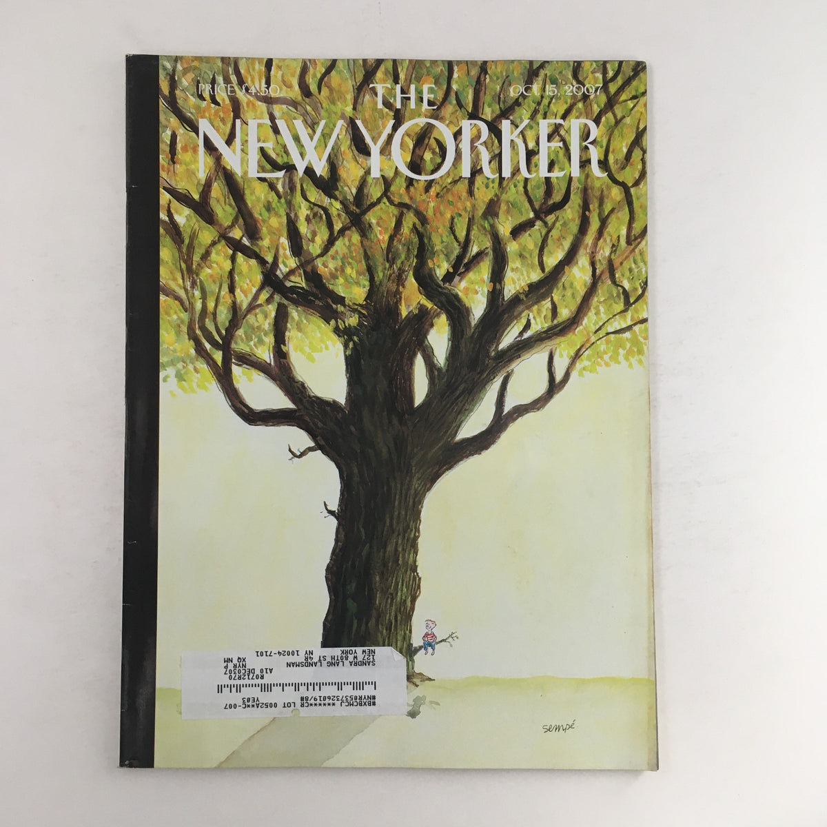 Cover of The New Yorker Full Magazine October 15, 2007 featuring the illustration 'Higher Still' by Jean-Jacques Sempé, showcasing a whimsical tree and character.