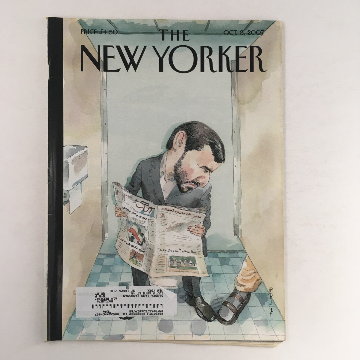 Cover of The New Yorker magazine from October 8, 2007, featuring the artwork 'Narrow Stance' by Barry Blitt. The illustration depicts a man reading a newspaper in a bathroom setting, reflecting cultural commentary from that time period.