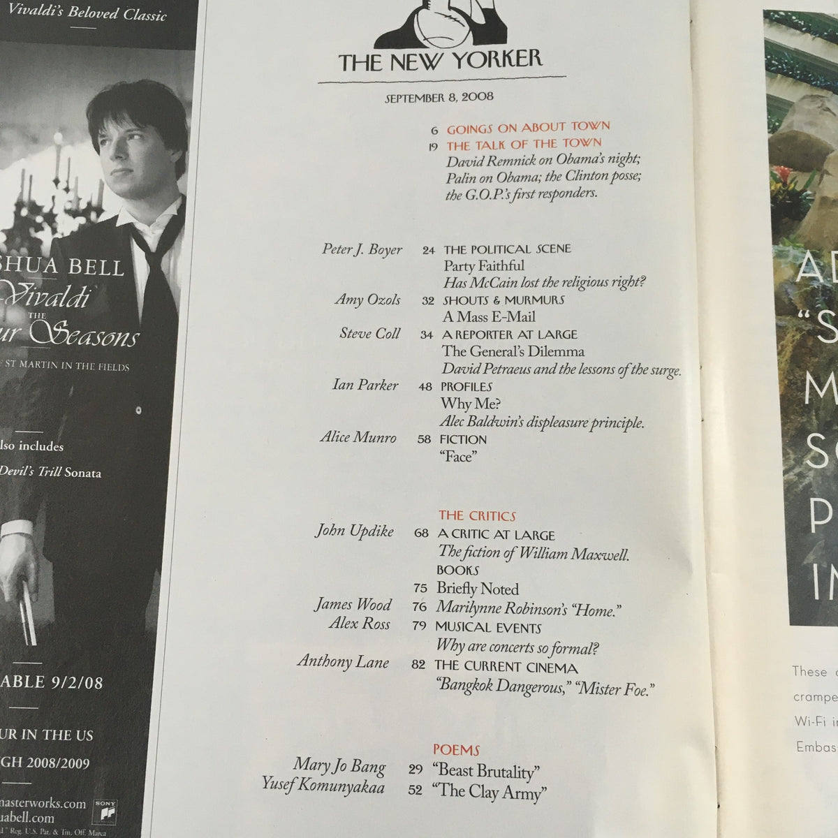 Inside page of The New Yorker Full Magazine September 8, 2008, displaying the table of contents and articles, reflecting the publication's iconic layout and diverse topics.