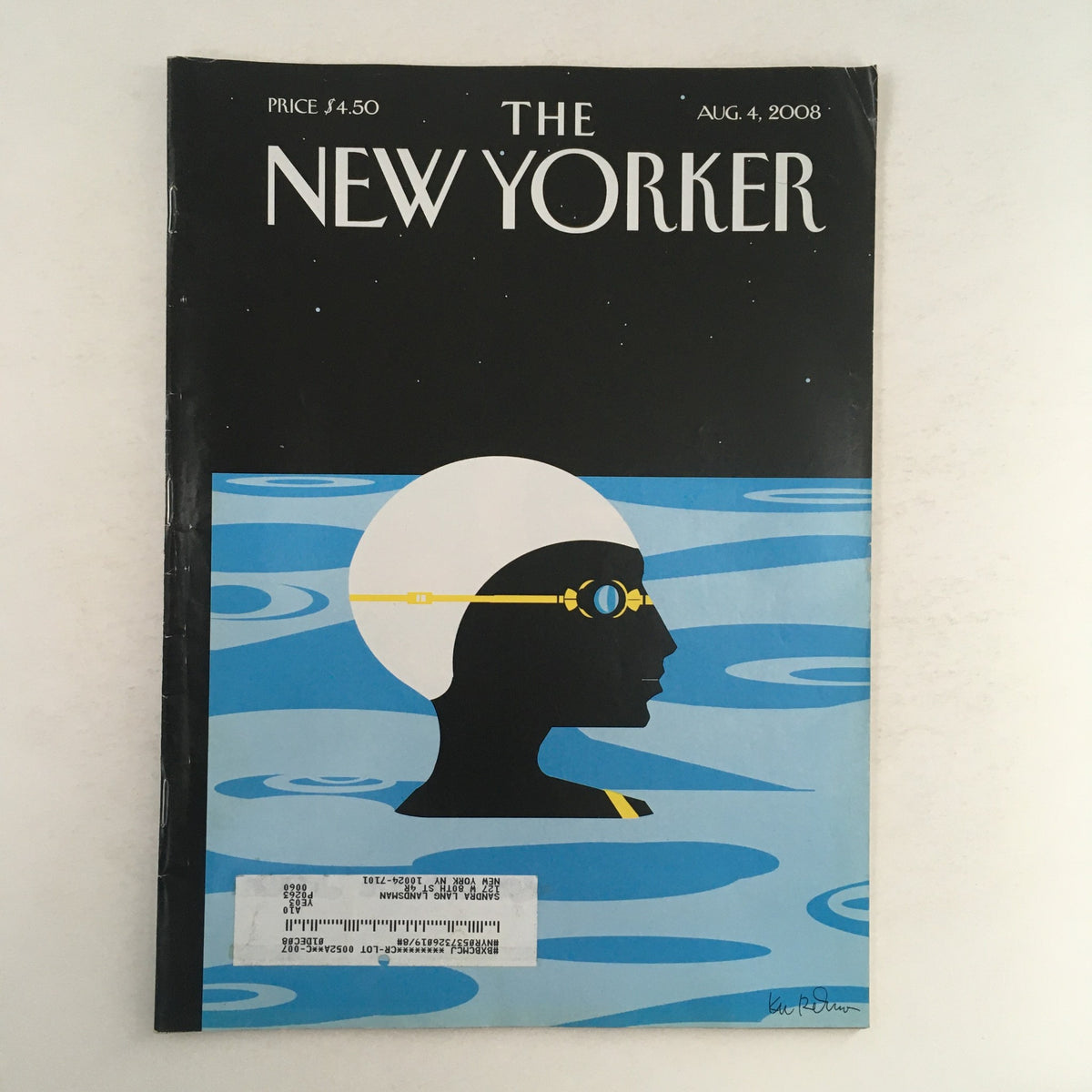 The New Yorker Full Magazine August 4 2008 cover featuring an artistic design of a silhouette with swimming goggles, representing the theme of Night Cap by Kim DeMarco.