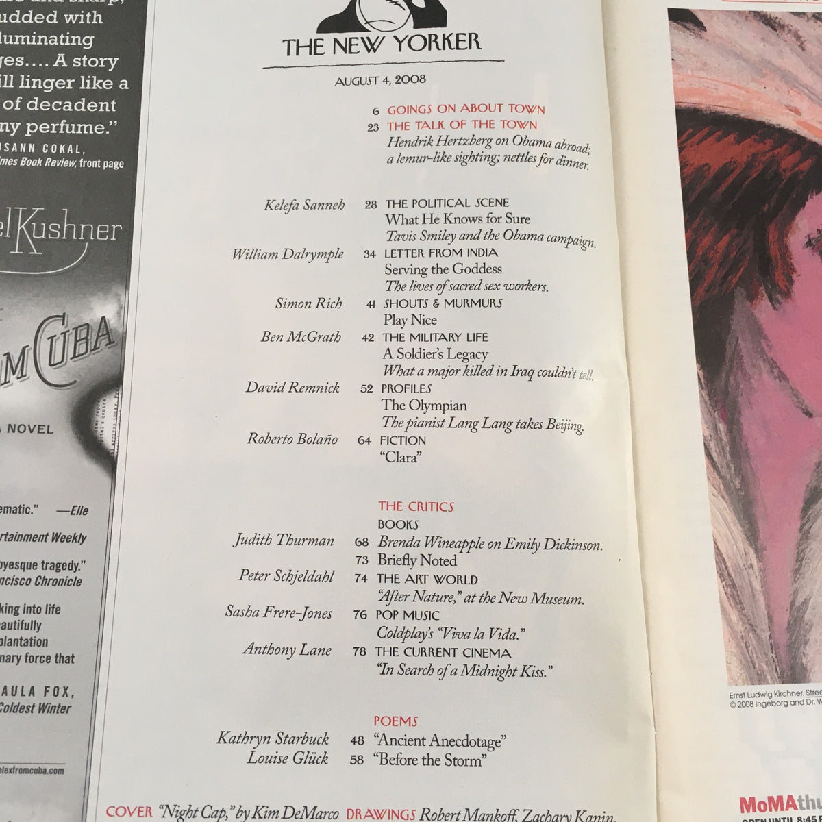 Table of contents for The New Yorker Full Magazine August 4 2008, detailing various articles and contributors including Night Cap by Kim DeMarco.