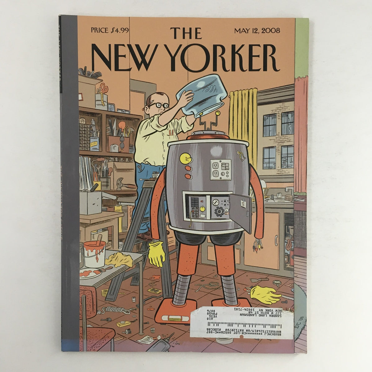Cover of The New Yorker Full Magazine May 12 2008 featuring a whimsical illustration by Dan Clowes depicting a robot and a man in a cluttered room.