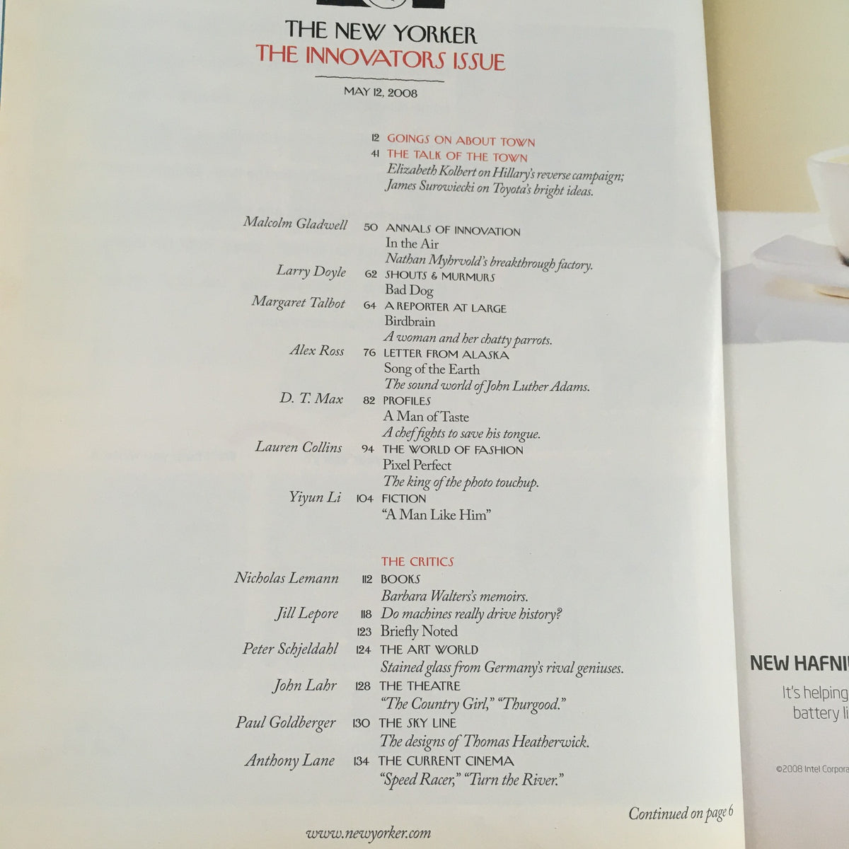 Contents page of The New Yorker Full Magazine May 12 2008, showcasing articles and insights from the issue themed 'The Innovators Issue'.