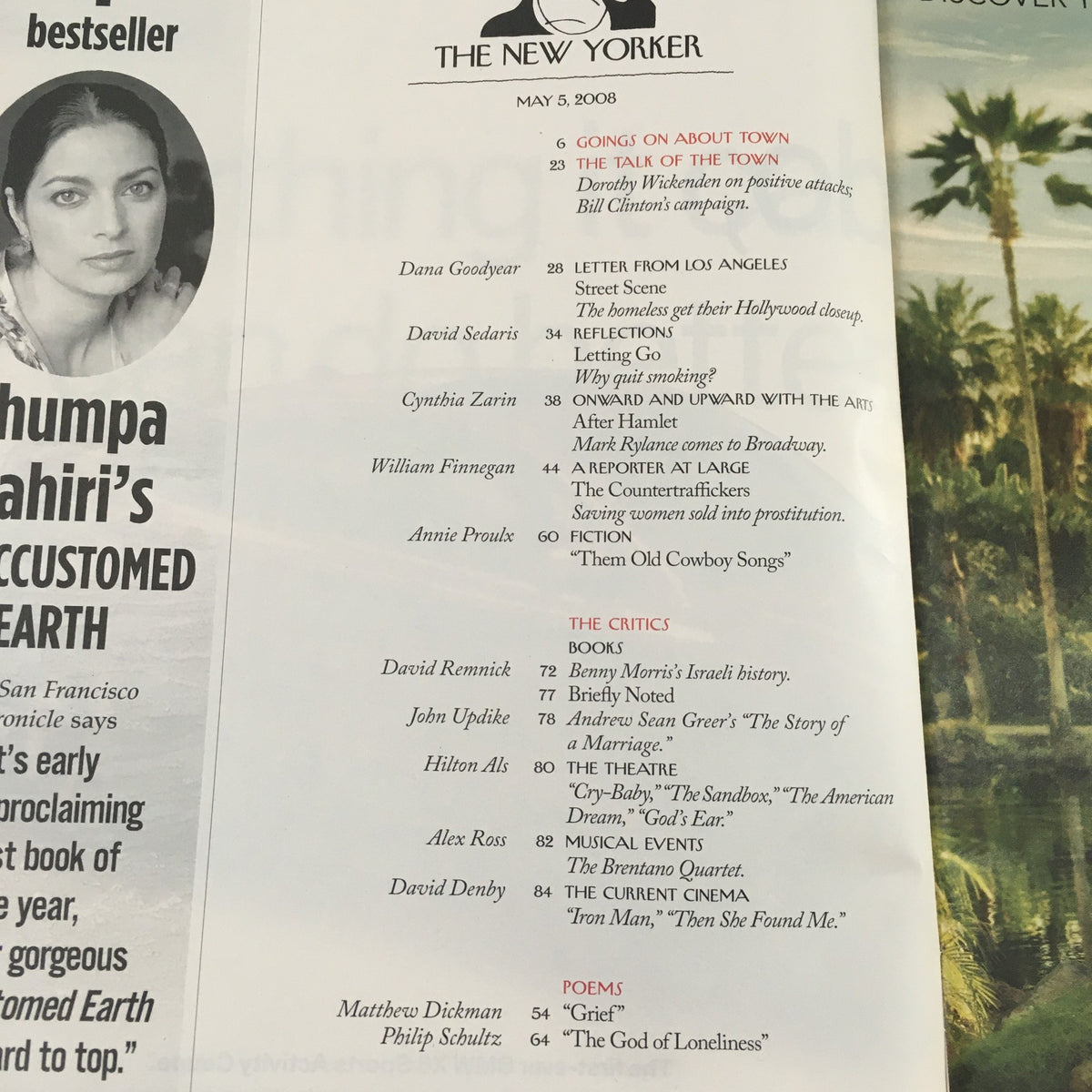 Interior page of The New Yorker Full Magazine May 5, 2008 showcasing the table of contents, highlighting various articles including 'The Talk of the Town' and contributions from various authors.