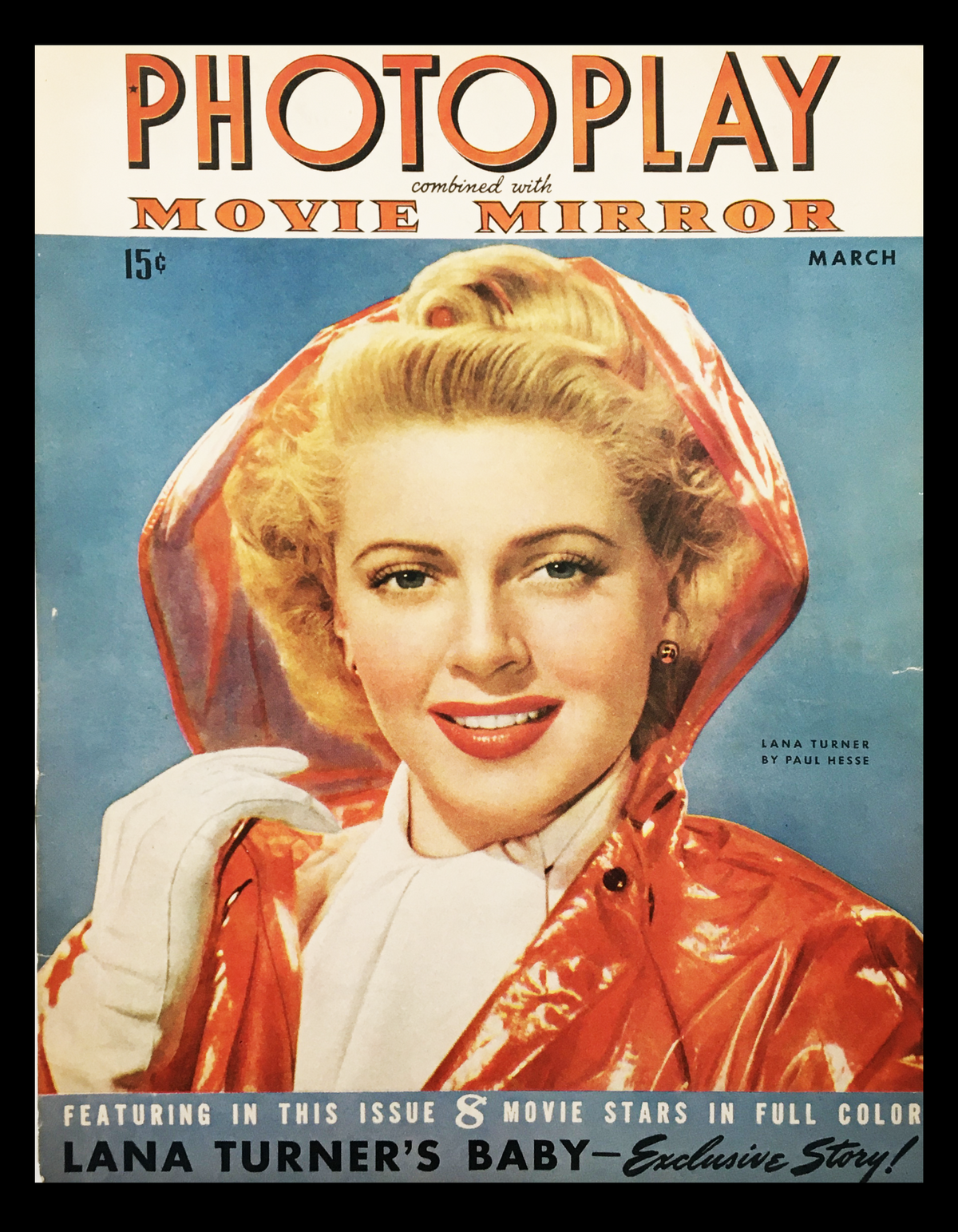 COVER ONLY Photoplay Movie Mirror Magazine March 1943 featuring Lana Turner in a red coat, showcasing classic Hollywood glamour.