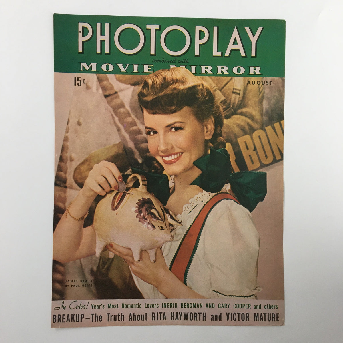 COVER ONLY Photoplay Movie Mirror Magazine August 1943 highlighting Janet Blair, an iconic piece of movie memorabilia with nostalgic appeal.