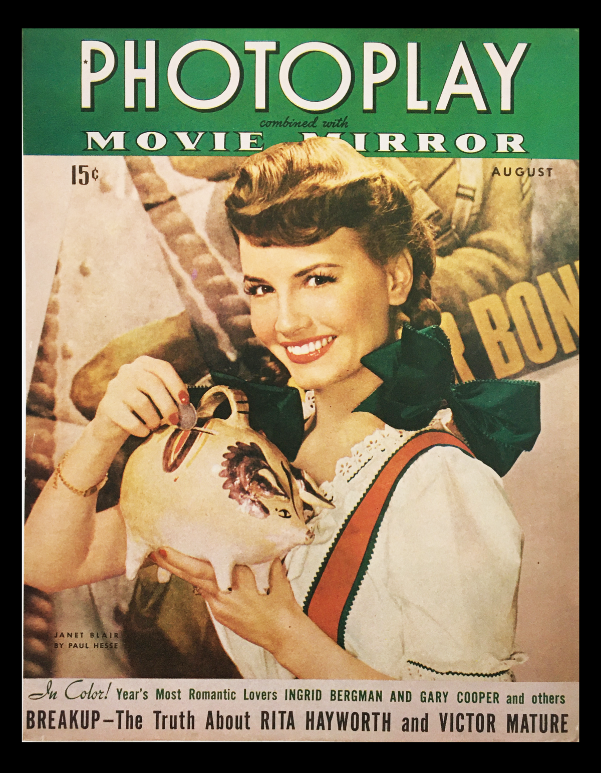 COVER ONLY Photoplay Movie Mirror Magazine August 1943 featuring Janet Blair, showcasing classic Hollywood glamour and vintage magazine design.