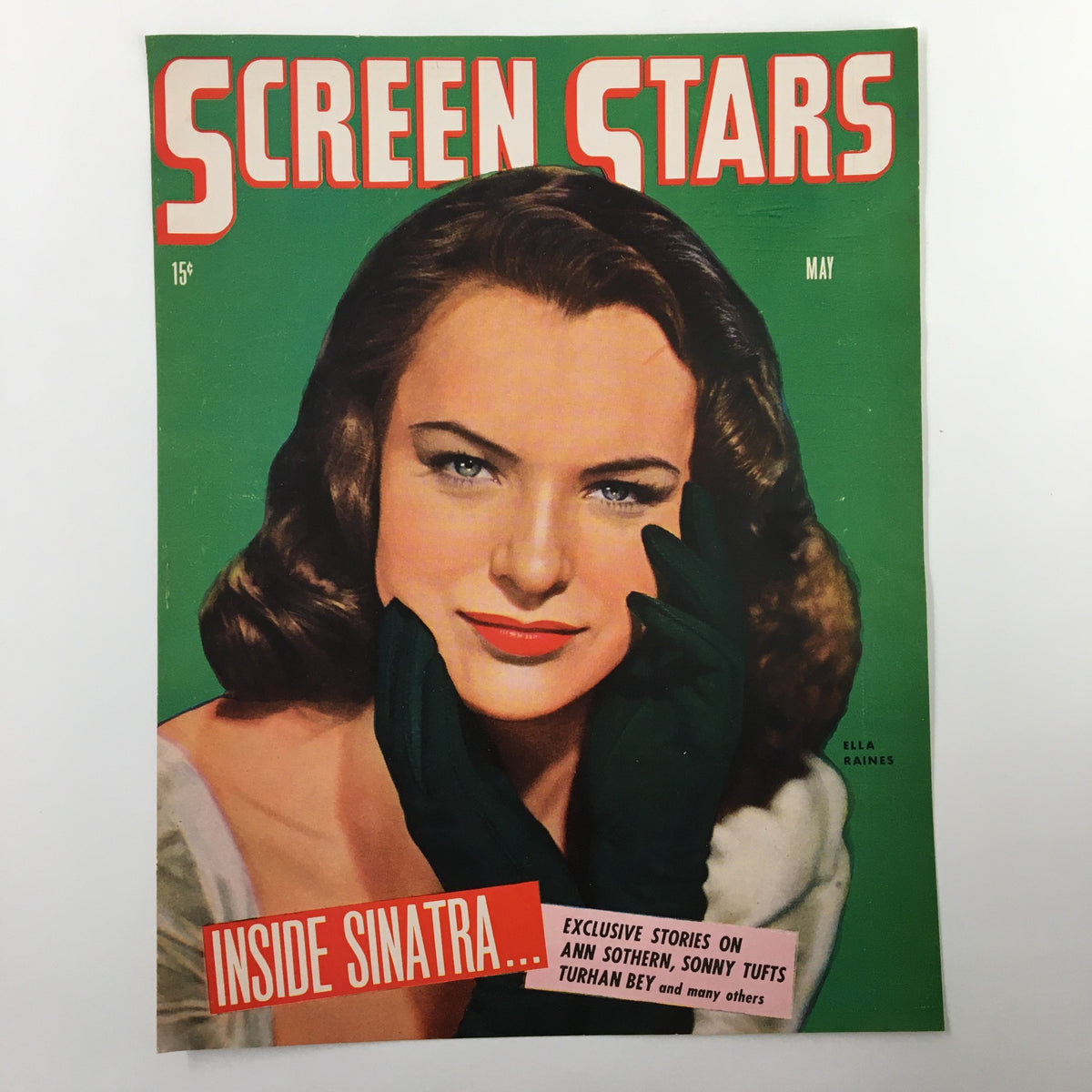 Front cover of COVER ONLY Screen Stars Magazine May 1944 showcasing Ella Raines in elegant attire with green accents and the title 'Inside Sinatra,' featuring exclusive stories.