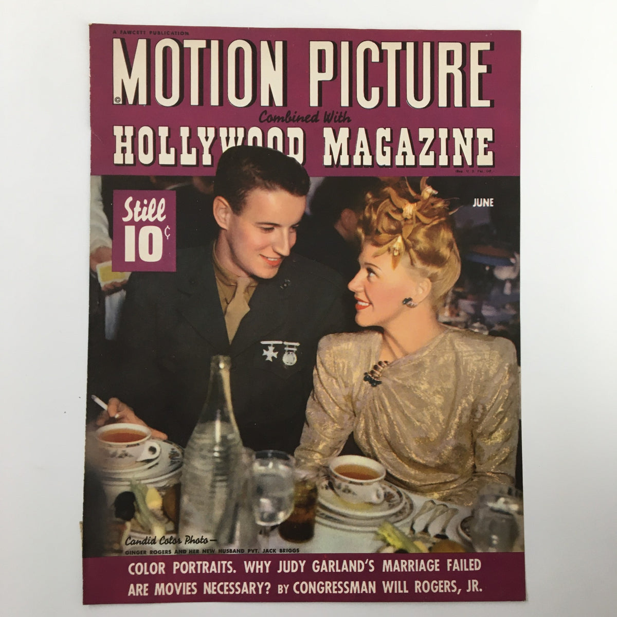 COVER ONLY Motion Picture Hollywood Magazine June 1943 featuring a vibrant cover illustration of Ginger Rogers. The magazine highlights classic Hollywood glamour and is ideal for collectors and vintage enthusiasts.