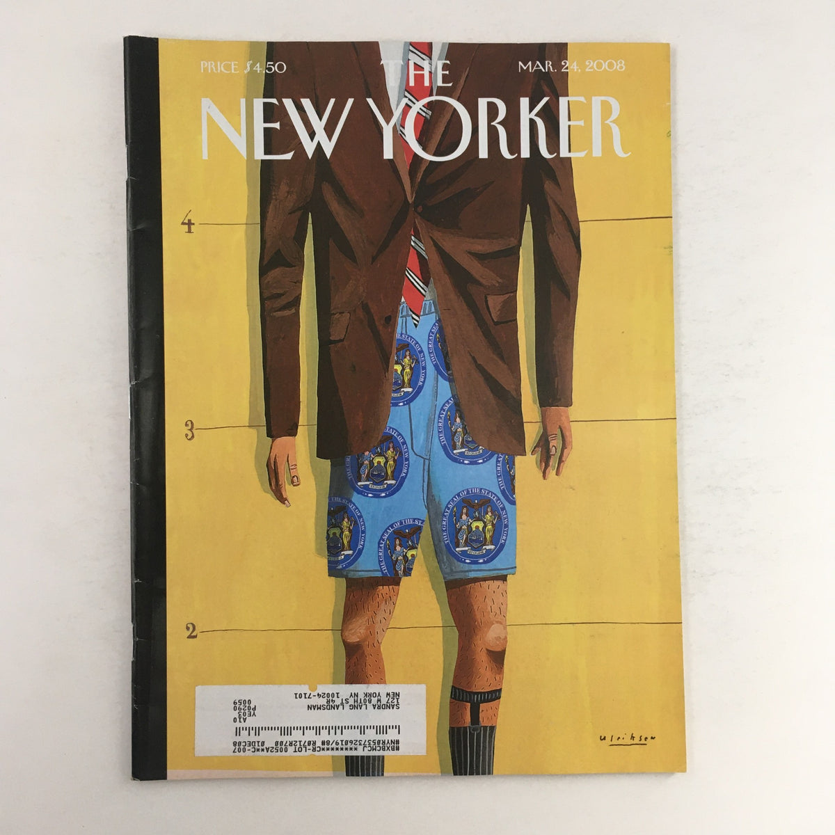 The New Yorker Full Magazine March 24, 2008 featuring the striking cover art by Mark Ulriksen, depicting a man in a brown suit and blue shorts with New York emblems, signifying the culture and essence of New York City.
