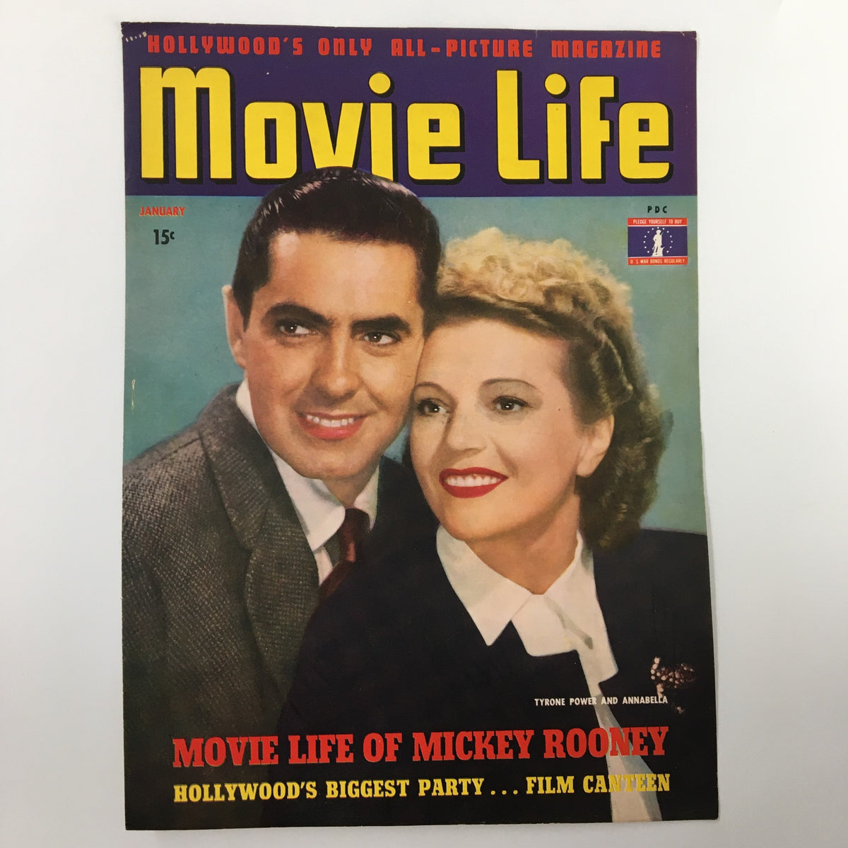 Cover of Movie Life Magazine from January 1943 showcasing Tyrone Power and Annabella. This edition discusses 'Movie Life of Mickey Rooney' and is ideal for display.