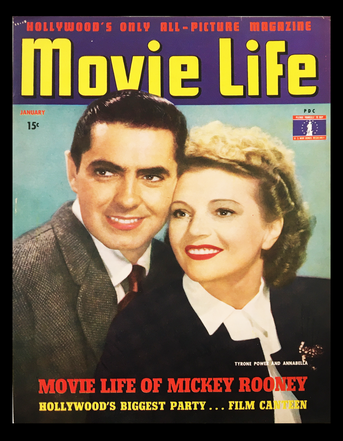 Cover of Movie Life Magazine from January 1943 featuring Tyrone Power and Annabella. The magazine highlights 'Movie Life of Mickey Rooney' and is suitable for framing.