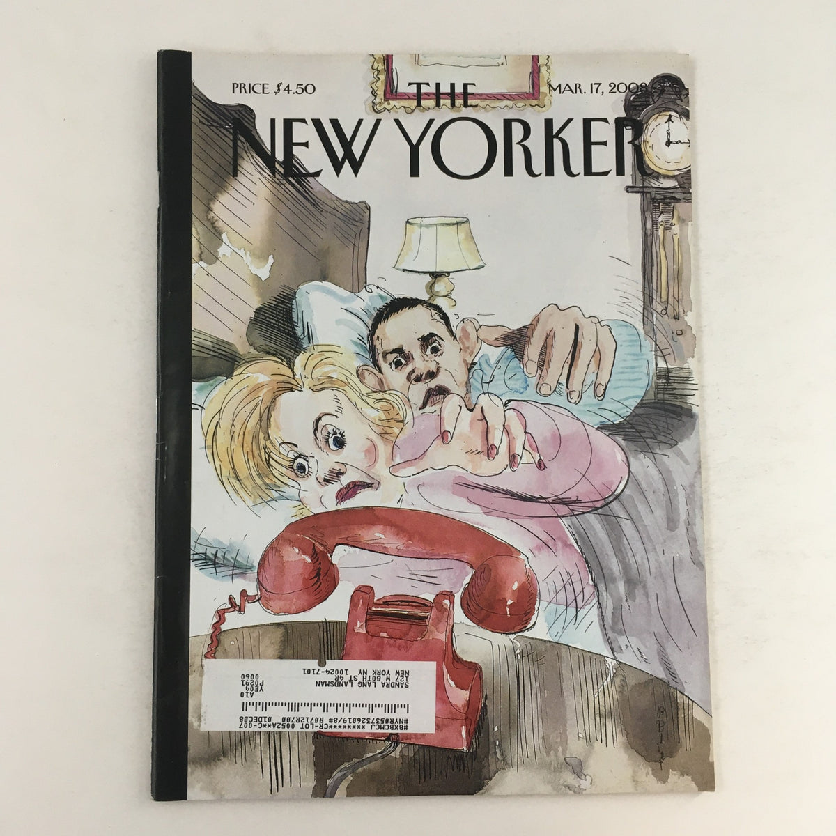 The New Yorker Full Magazine March 17, 2008 cover featuring the artwork 'I'll Call Later' by Barry Blitt, showcasing a woman reaching for a phone with a surprised man in the background.