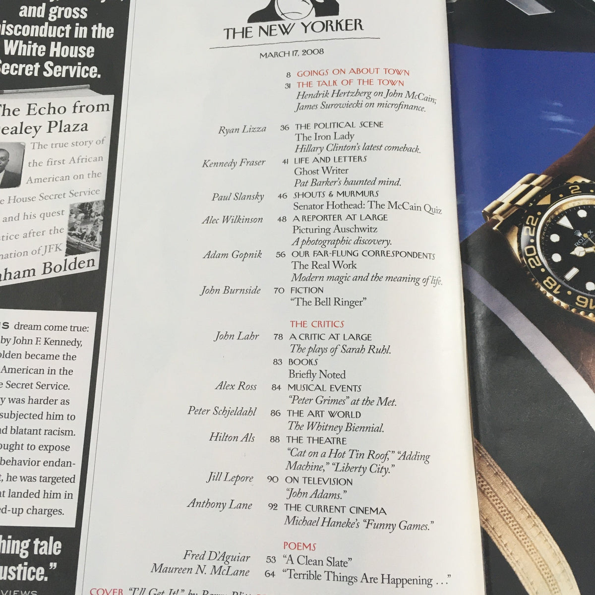 Inner page layout of The New Yorker Full Magazine March 17, 2008, detailing the contents and featured articles including 'The Talk of the Town' and contributions from various writers.