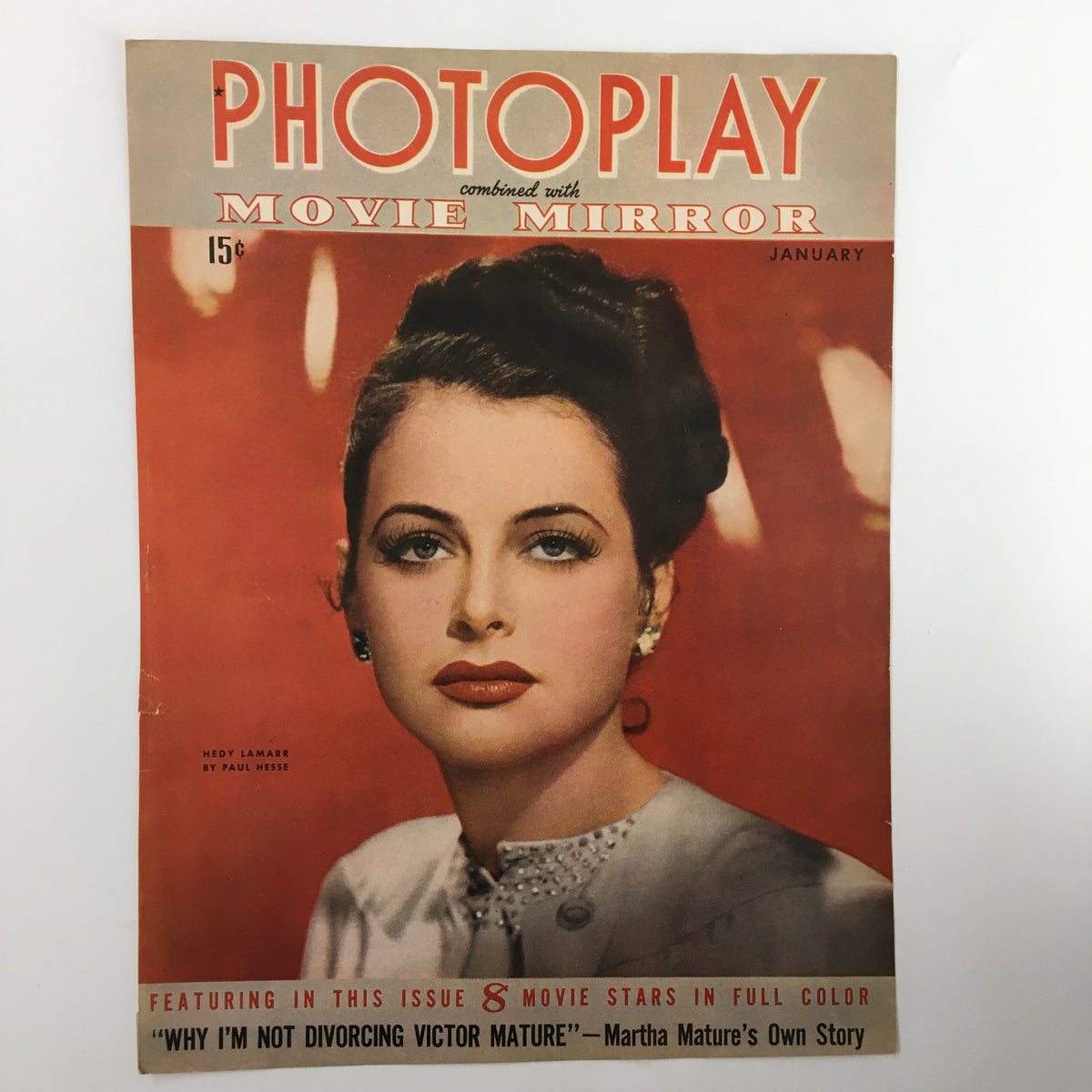 Cover art of the Photoplay Movie Mirror Magazine January 1943, highlighting Hedy Lamarr's iconic presence in vintage cinema.