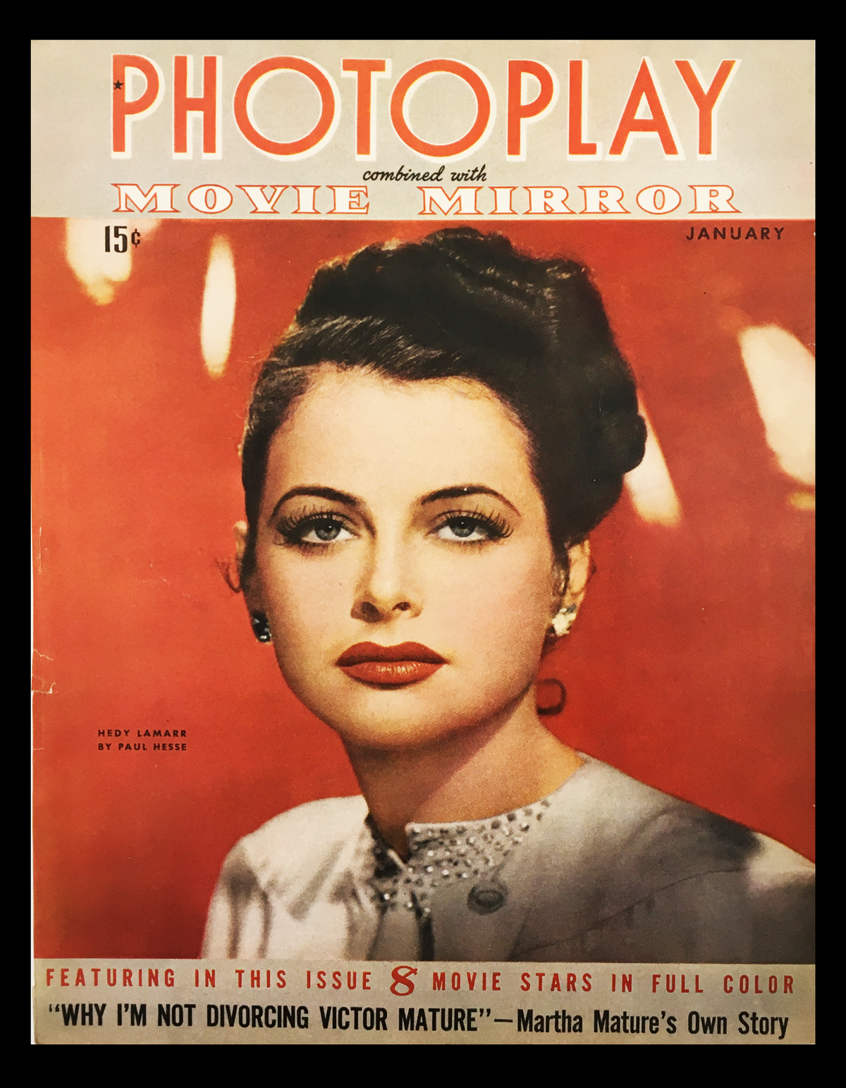 Cover of the Photoplay Movie Mirror Magazine from January 1943 featuring Hedy Lamarr, showcasing classic Hollywood glamour and nostalgia.