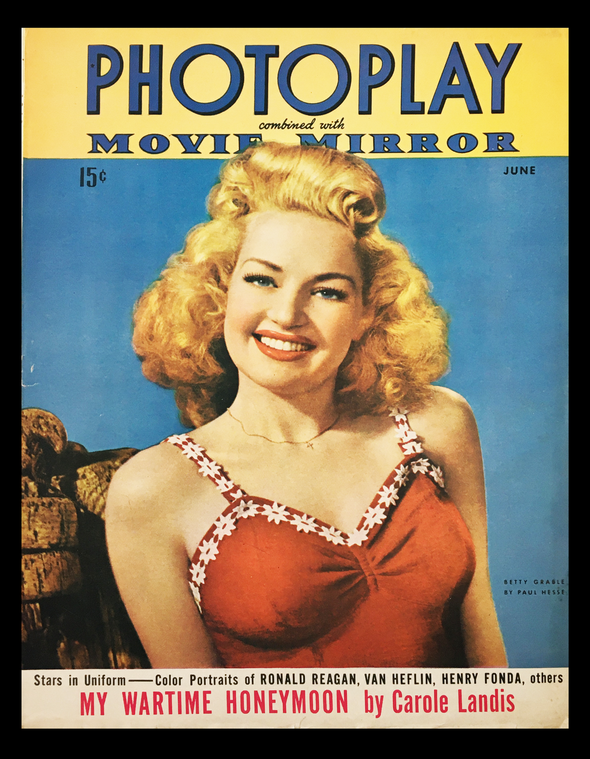 COVER ONLY Photoplay Movie Mirror Magazine June 1943 featuring Betty Grable, showcasing vintage Hollywood glamour with vibrant colors and elaborate design.
