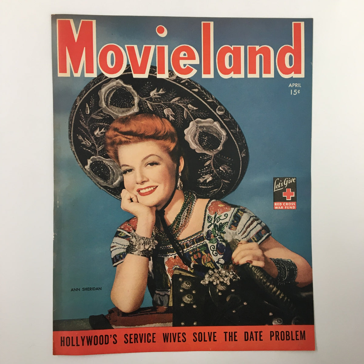 COVER ONLY Movieland Magazine April 1944 Ann Sheridan featuring a vibrant design with Ann Sheridan smiling, adorned with a large decorative hat and colorful attire, showcasing vintage Hollywood glamour.