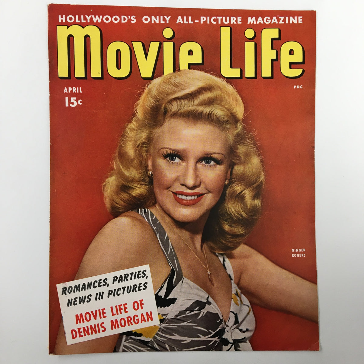 COVER ONLY Movie Life Magazine April 1944 featuring Ginger Rogers. Classic magazine cover art that reflects the allure of mid-20th century cinema, highlighting glamorous styling and vibrant colors.