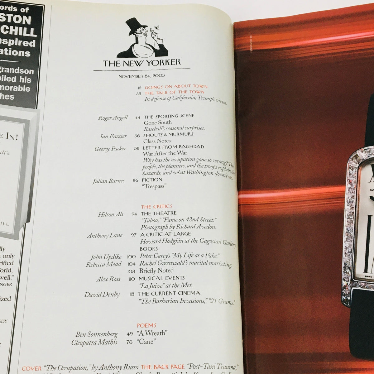 Inside page of The New Yorker Full Magazine from November 24, 2003, showcasing the table of contents including the article 'The Occupation' by Anthony Russo and various contributors.