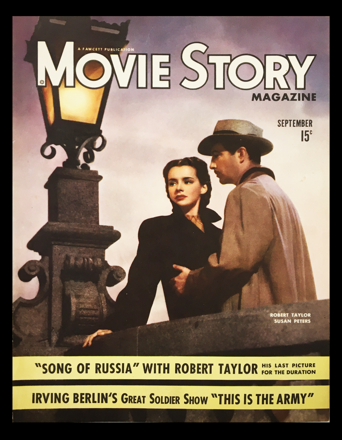 COVER ONLY Movie Story September 1943 featuring Robert Taylor and Susan Peters. The vintage magazine cover showcases a romantic scene with the actors, reflecting Hollywood glamour from the early 20th century.