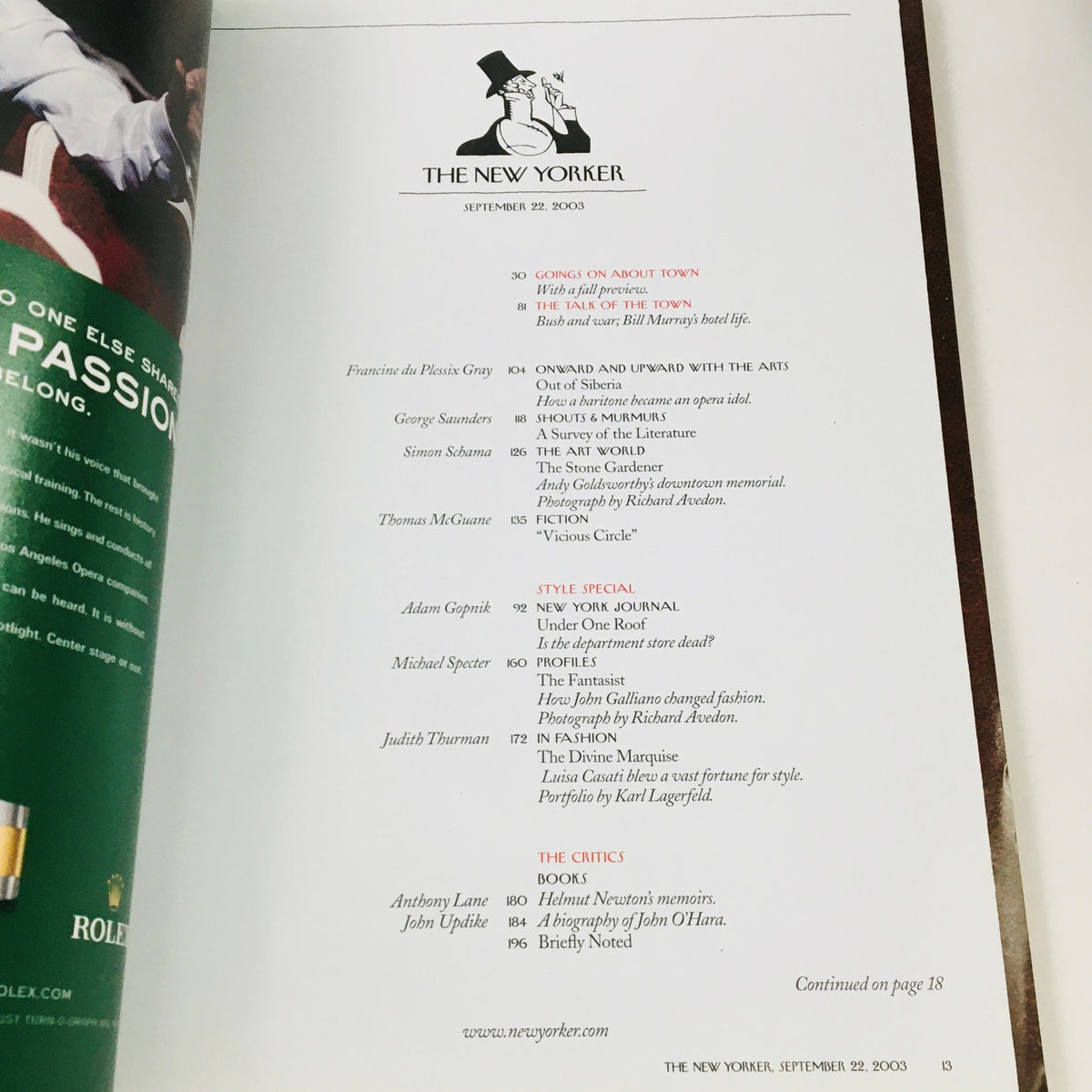 Table of contents from The New Yorker September 22, 2003, showcasing articles by various contributors, including Adam Gopnik and Judith Thurman. This page enhances the collectible nature of the magazine featuring the full magazine theme cover by Michael Roberts.