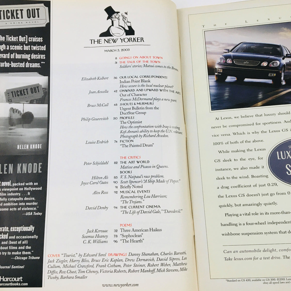 Inside spread of The New Yorker magazine from March 3, 2003, showcasing the table of contents and advertisements, highlighting various articles and contributors.