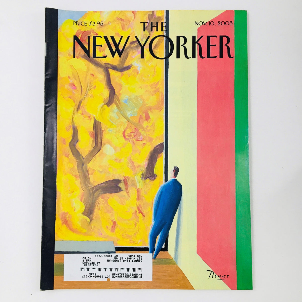 Cover of The New Yorker Magazine November 10 2003 featuring the artwork 'A Pretty Picture' by Benoit van Innis, showcasing vibrant colors and a figure standing against a background of abstract art.
