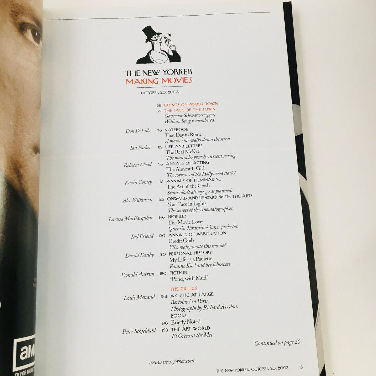 Interior page of The New Yorker Full Magazine October 20, 2003 displaying the table of contents with the title 'Making Movies'.