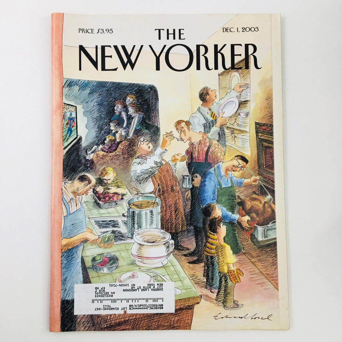 The New Yorker December 1 2003 Full Magazine Cover designed by Edward Sorel, showcasing a vibrant illustration of a kitchen scene with chefs and patrons, highlighting cultural themes of the early 2000s.