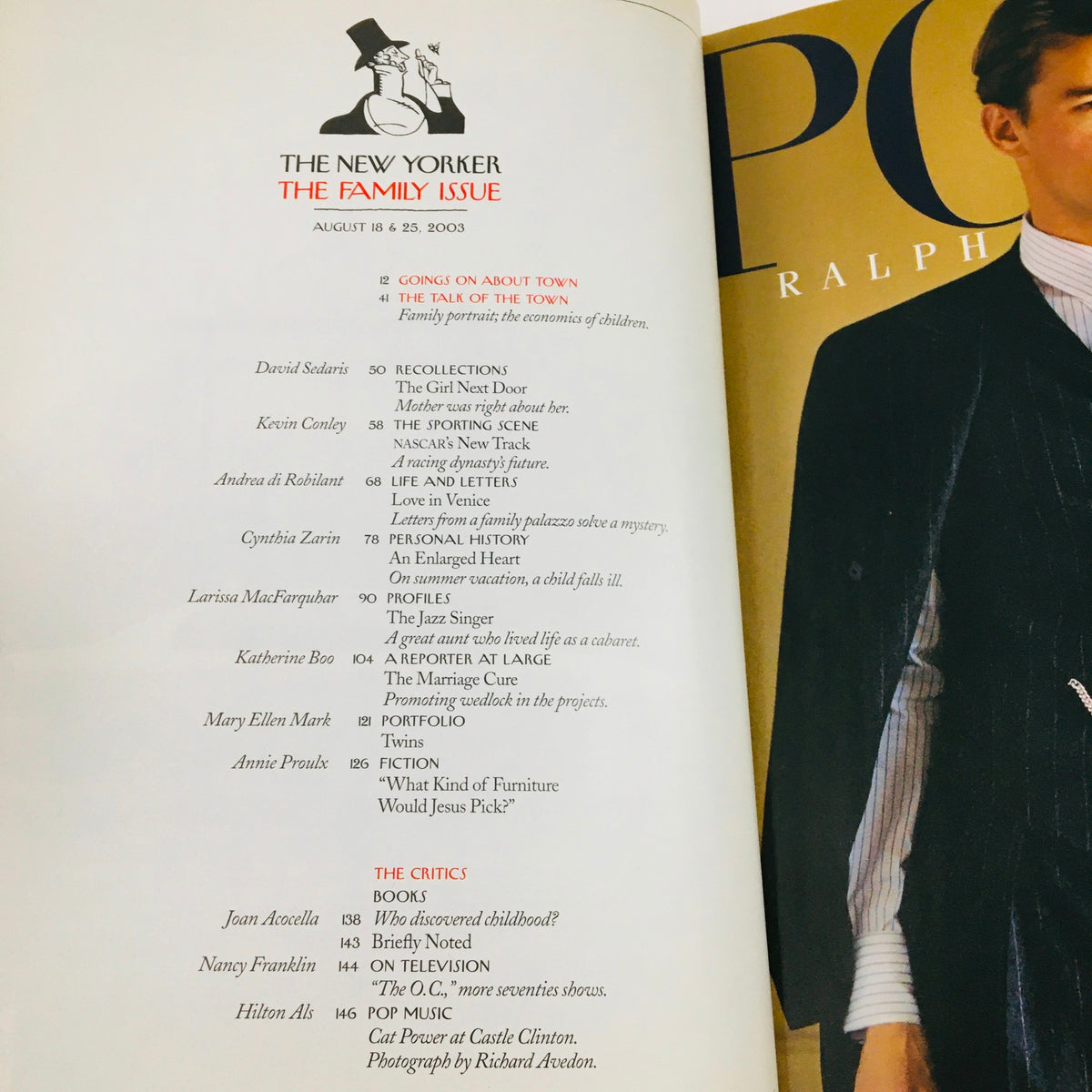 Interior page of The New Yorker Full Magazine August 18 2003, displaying contents related to The Family Issue with articles and contributors' names.