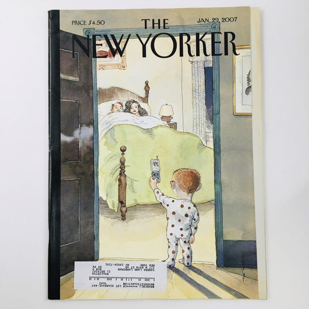 The New Yorker Full Magazine January 29 2007 cover illustration "Phone Home" by Barry Blitt featuring a child in polka dots holding a phone.