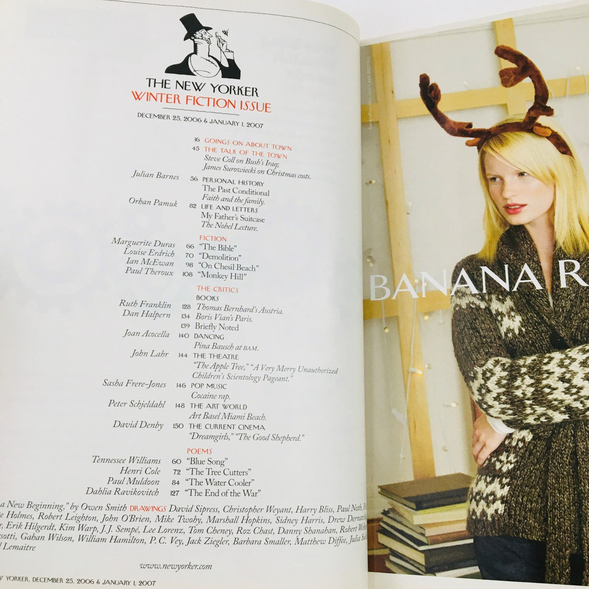 Inside page of The New Yorker December 25 2006 magazine displaying the table of contents for the Winter Fiction issue, showcasing a variety of featured articles and authors.
