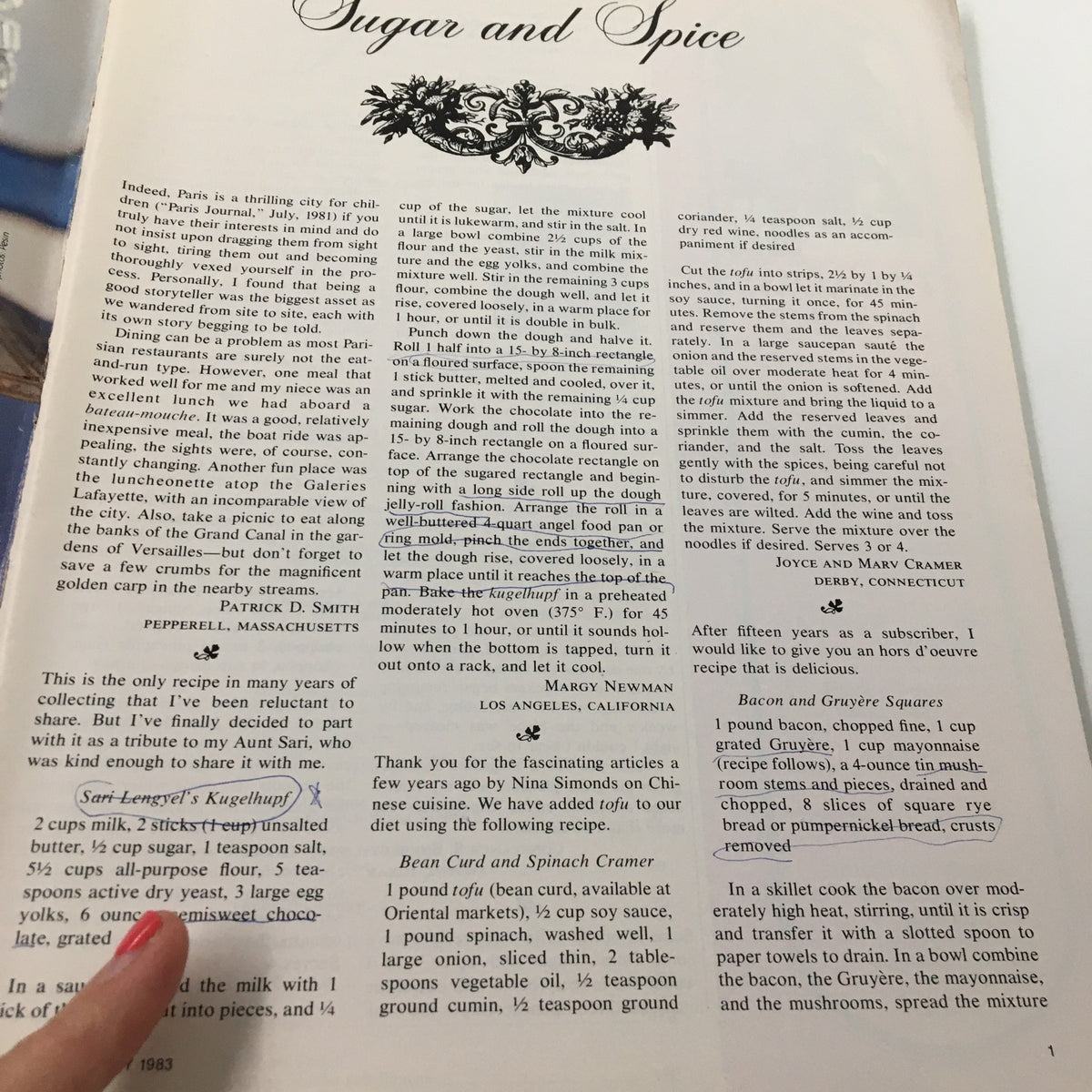 An interior page of Gourmet Magazine January 1983 showcasing a recipe for 'Sugar and Spice', highlighting the vintage culinary arts of the 80s.
