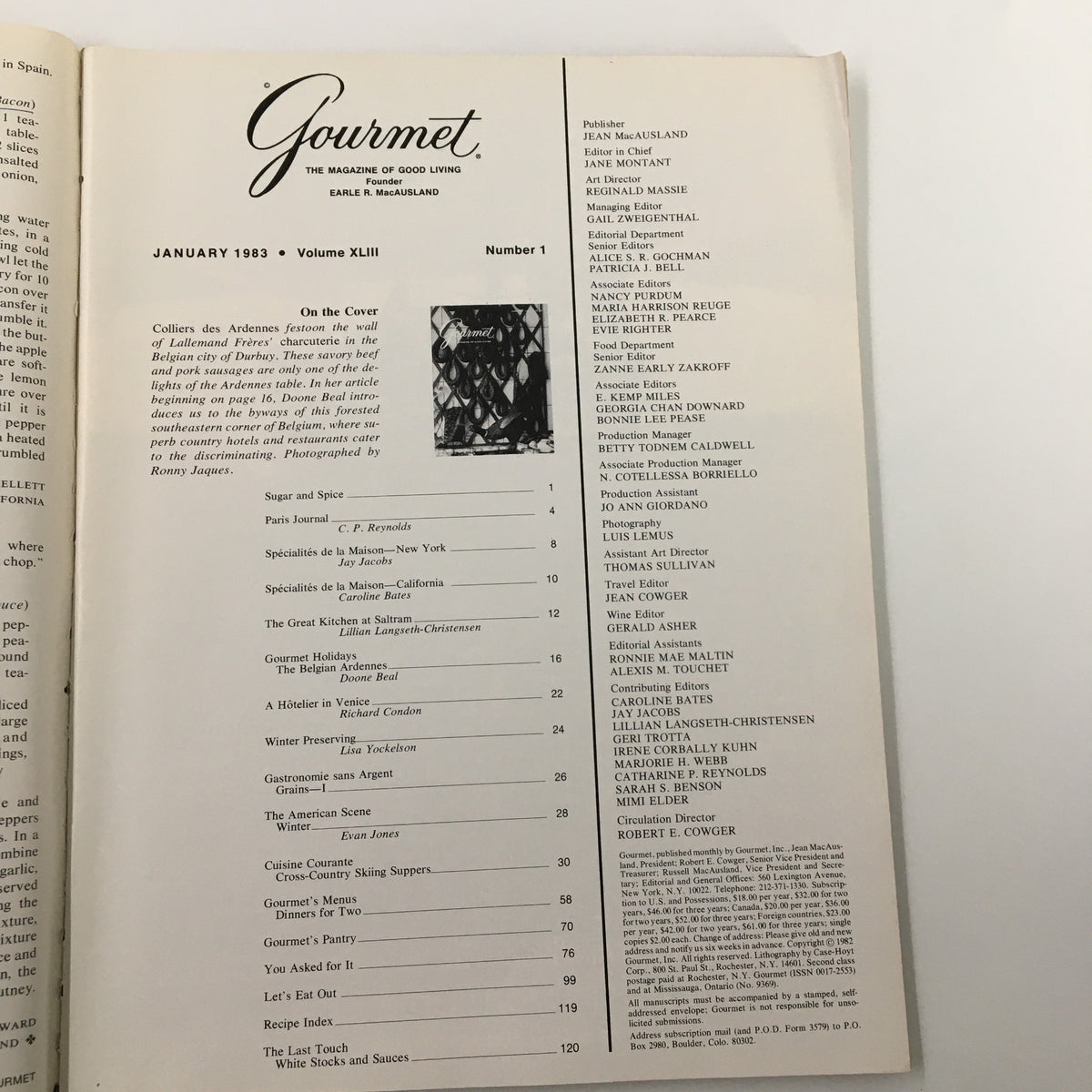 Gourmet Magazine January 1983 featuring Colliers des Ardennes Festoon; includes editorial details and table of contents showcasing culinary articles and recipes from the issue.