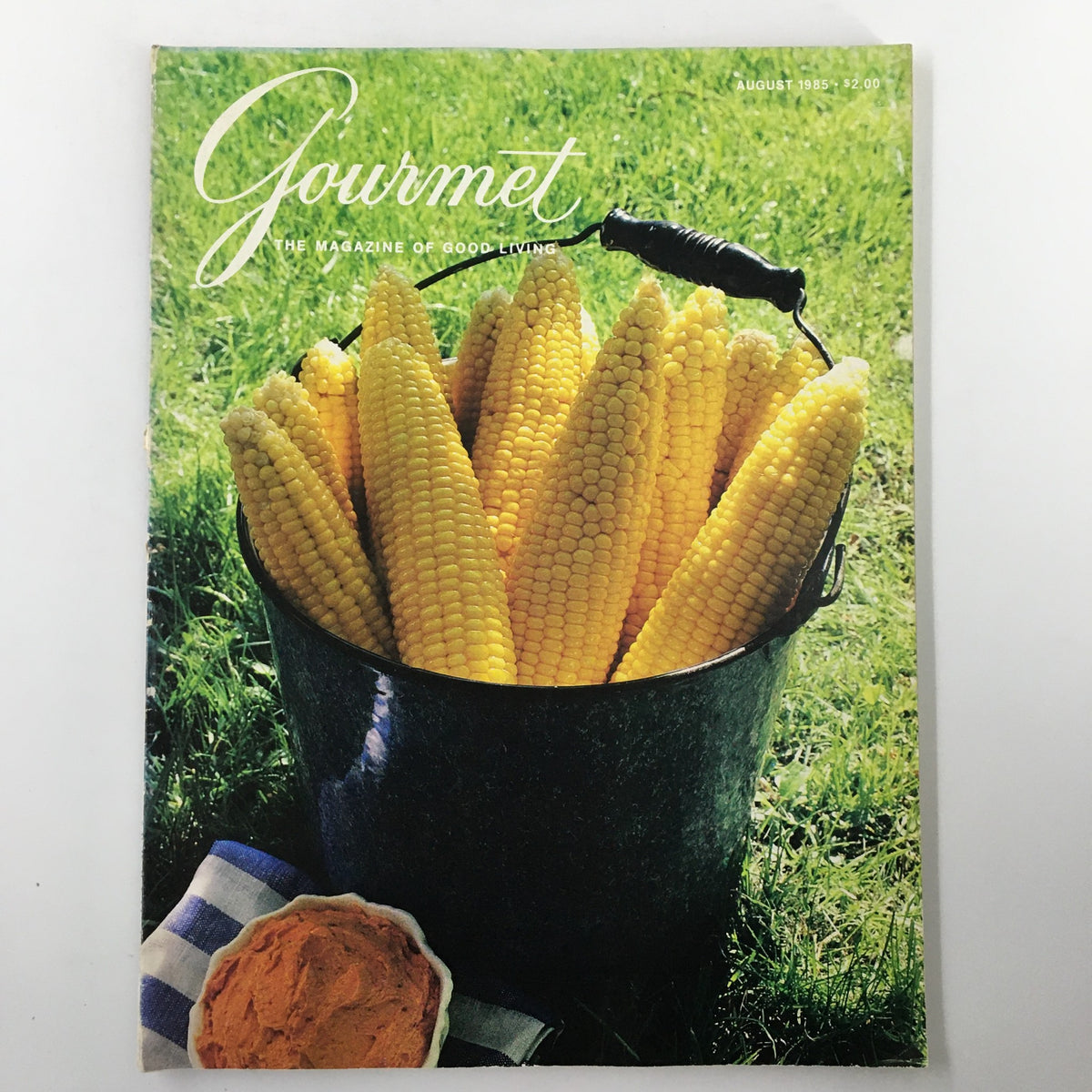 Cover of Gourmet Magazine August 1985 featuring a bucket of fresh corn, showcasing Richard Sax's mouth-watering recipes.