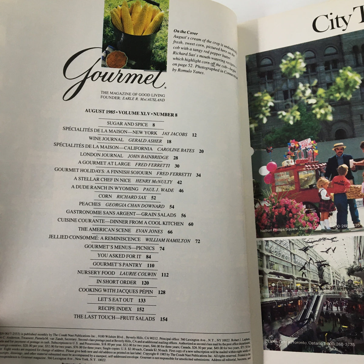 Table of contents page from Gourmet Magazine August 1985, highlighting culinary features and contributions from Richard Sax.