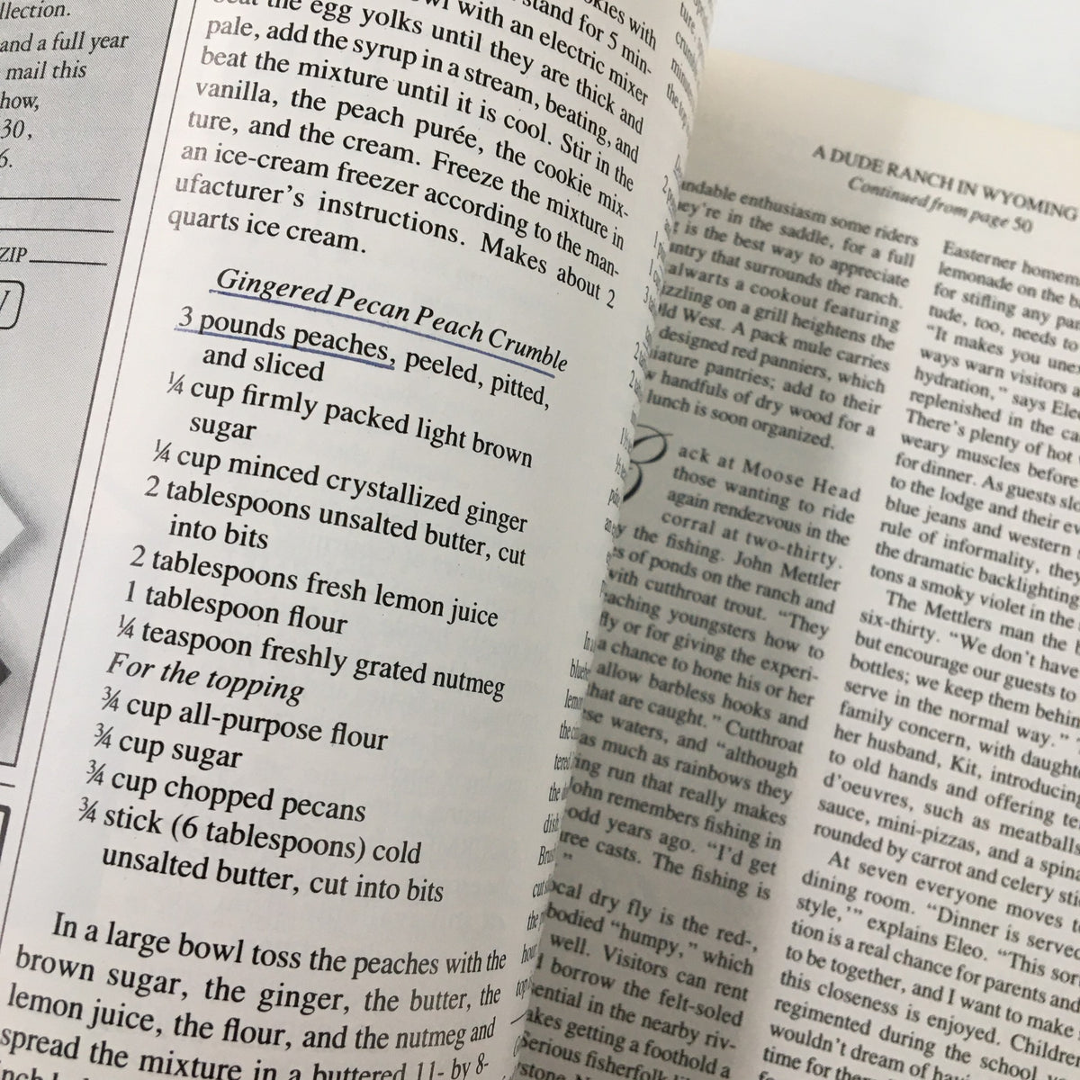 Recipe page from Gourmet Magazine August 1985, displaying the Gingered Pecan Peach Crumble recipe, part of Richard Sax's gourmet selections.