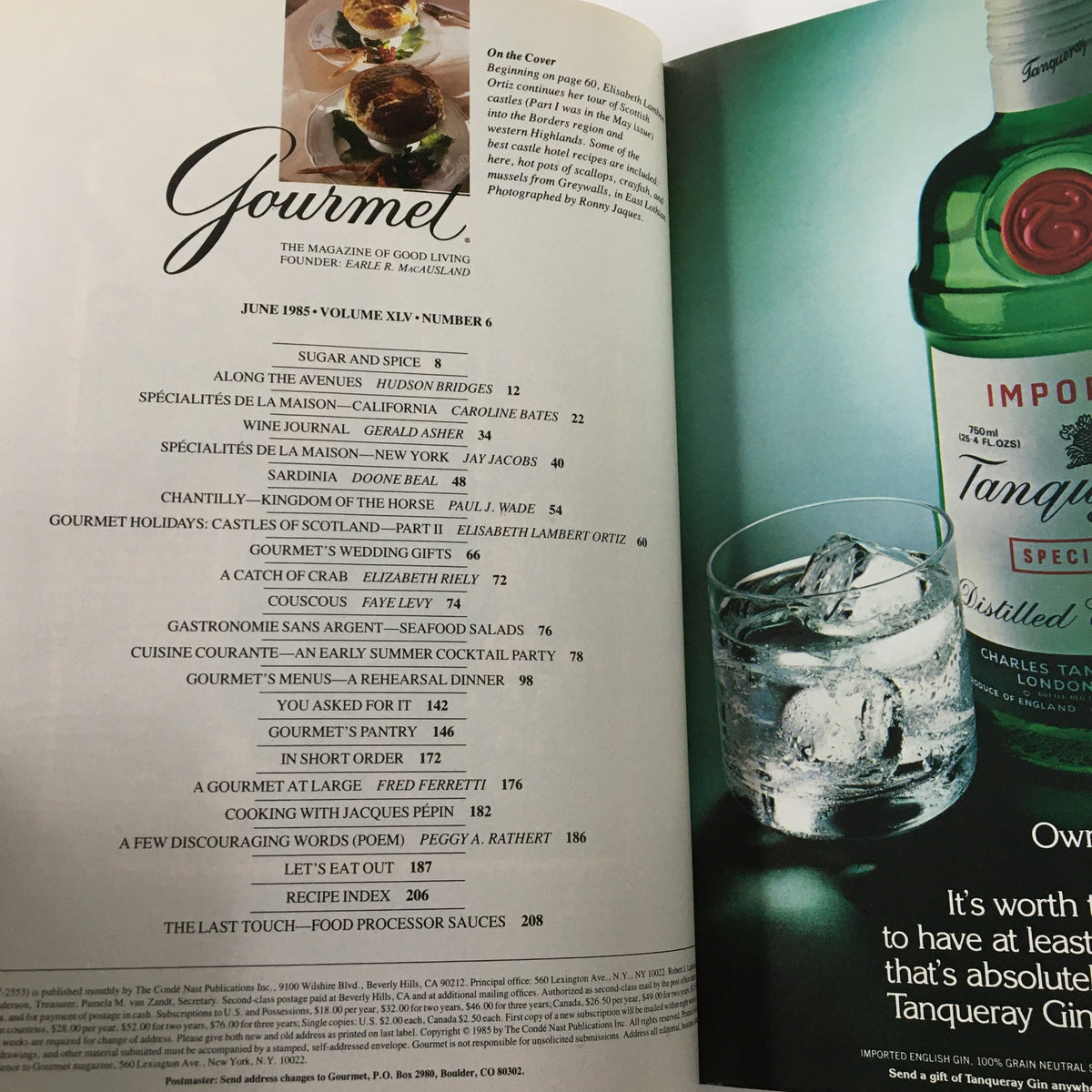Inside page of VTG Gourmet Magazine June 1985 displaying the table of contents, including sections on innovative cooking techniques and a feature on The Last Touch Food Processor sauces.