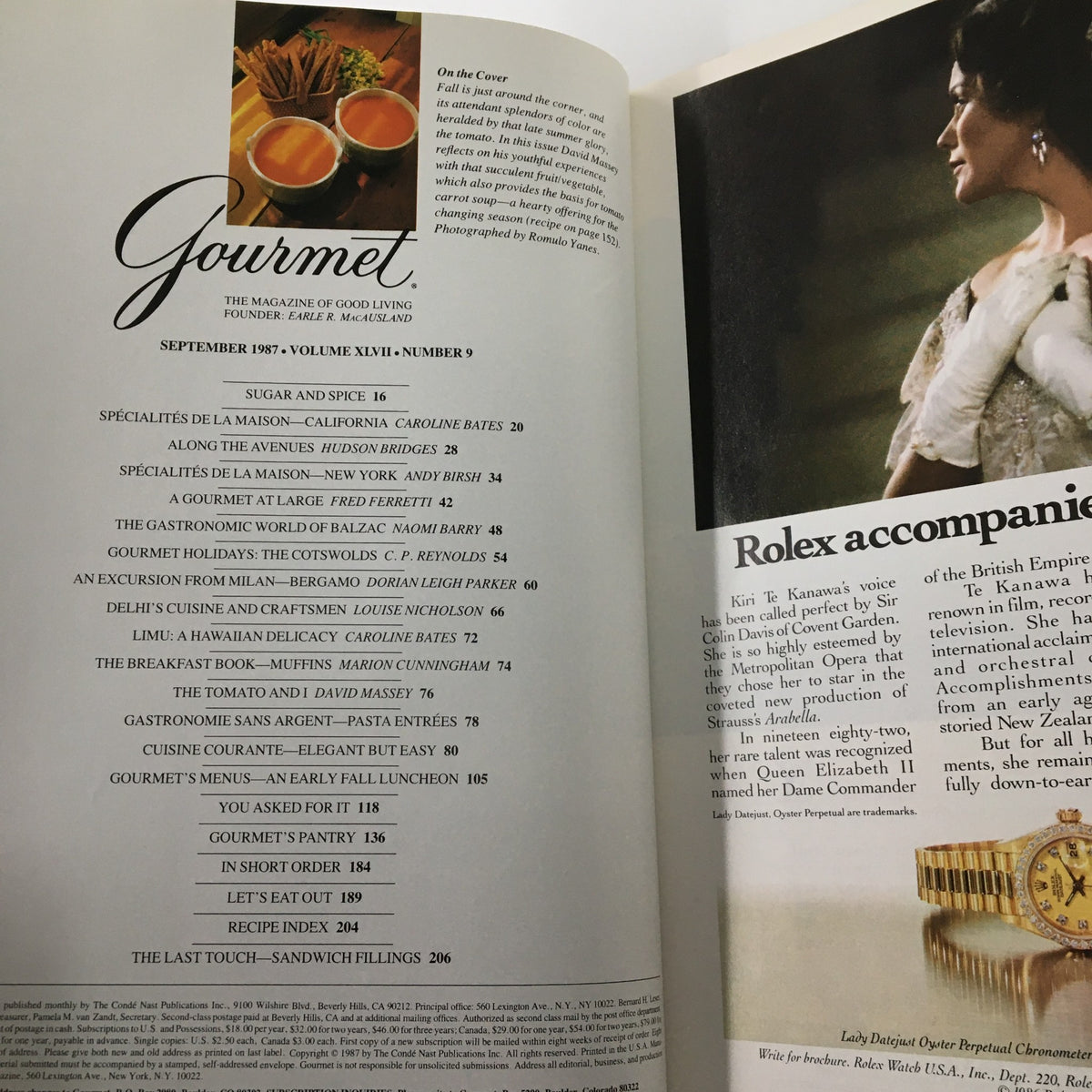 Inside page of VTG Gourmet Magazine September 1987 displaying the table of contents, highlighting articles such as 'The Gastronomic World of Balzac'.