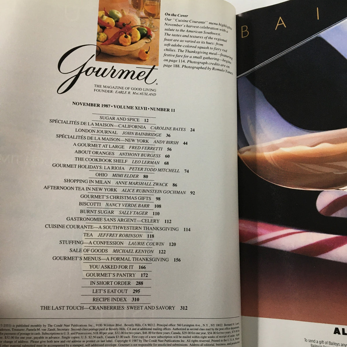 Table of contents page from VTG Gourmet Magazine November 1987, highlighting articles and recipes, including a feature on cranberries sweet and savory.