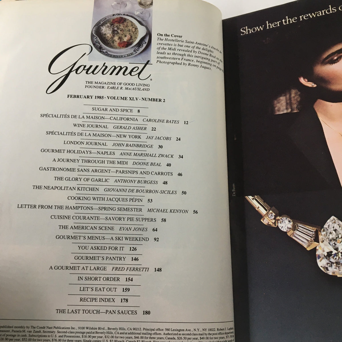 Table of contents from the February 1985 issue of Gourmet magazine, listing articles and features including culinary topics and recipes from esteemed chefs.