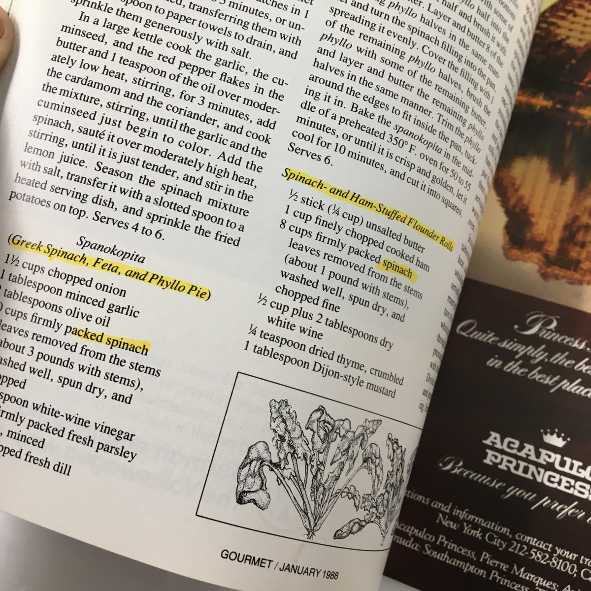 Interior page from VTG Gourmet Magazine January 1988 displaying a recipe for Spanakopita and Spinach-and-Ham-Stuffed Flounder Rolls, part of the feature on 'The Simple Luxury of Linguine.'