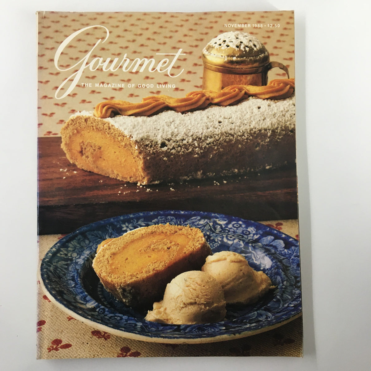Cover of VTG Gourmet Magazine November 1988 featuring a pumpkin roll dessert on a wooden table and pumpkin ice cream in a blue plate.