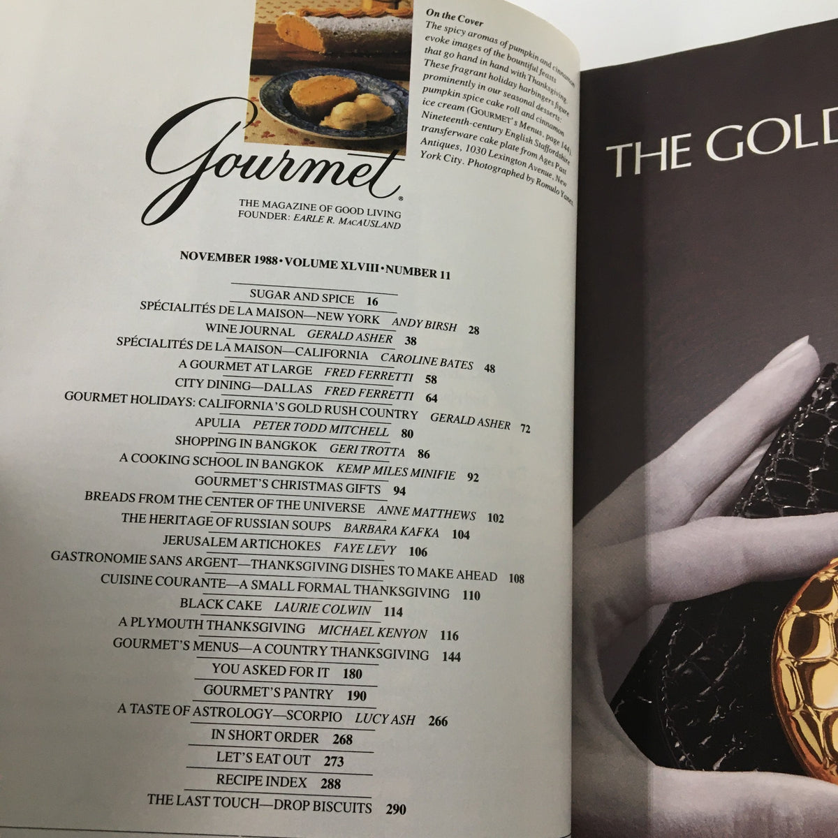 Table of contents page from VTG Gourmet Magazine November 1988 listing articles and recipe sections with a focus on seasonal cooking and dining.