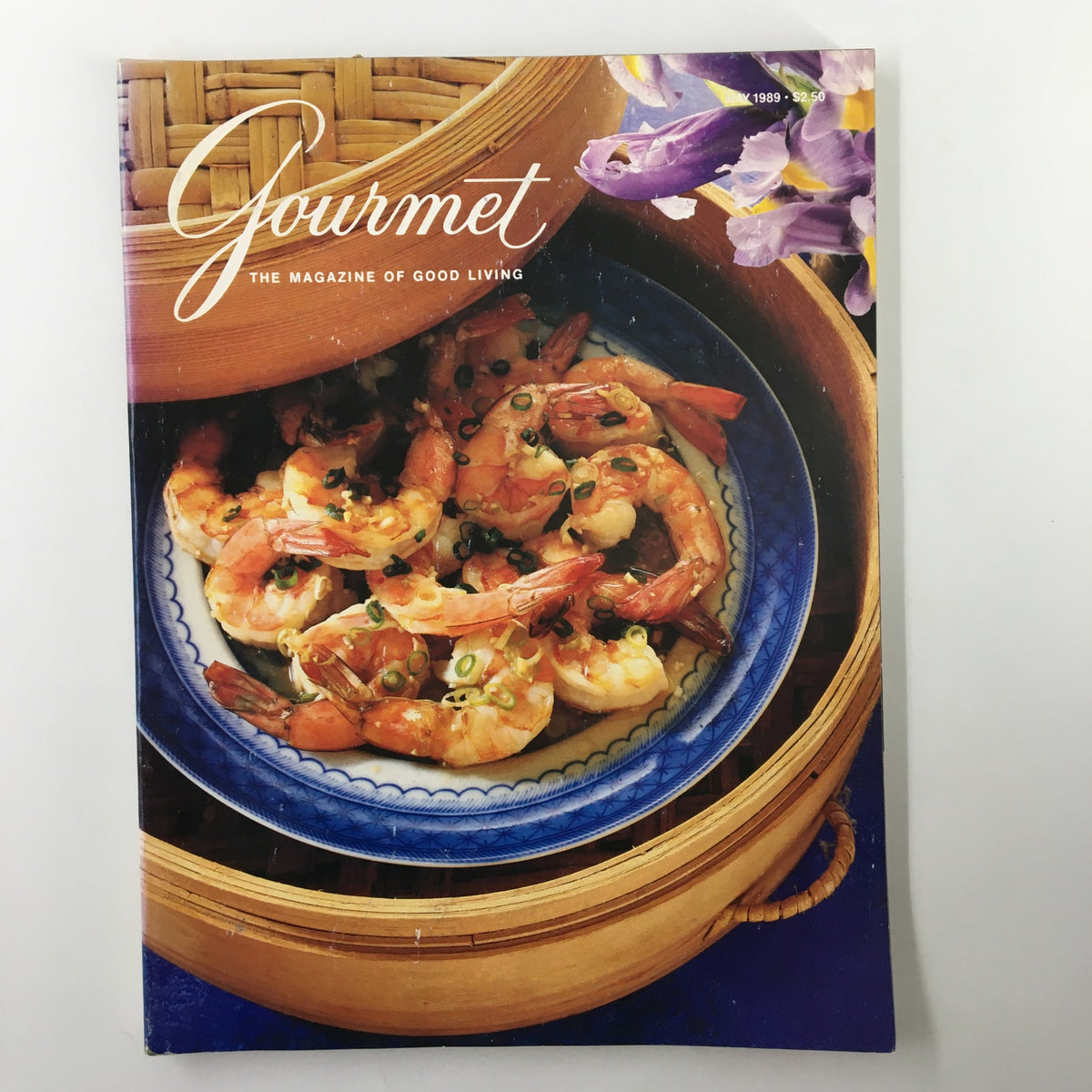 Gourmet Magazine May 1989 cover featuring a delicious shrimp dish in a traditional Asian steamer basket, showcasing culinary excellence.